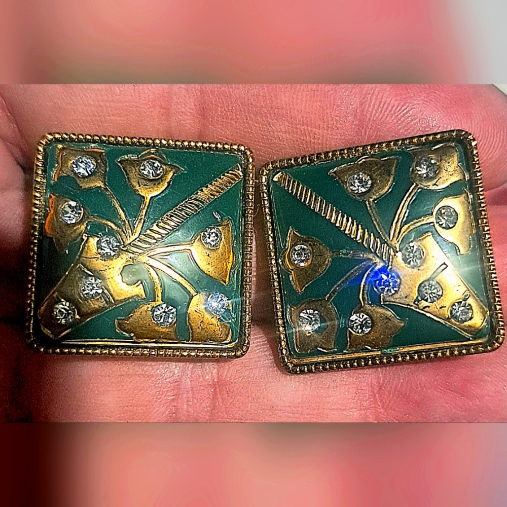 Elegant Green and Gold Floral Earrings Vintage Enamel